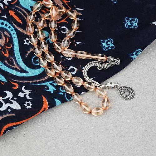 Ate� Kehribar Alpaka P�sk�ll� Beyzi Kesim 7x11mm Tesbih- A��k Sar�