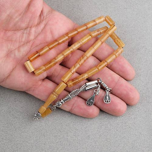 S�kma Kehribar Kesme Kesim Alpaka P�sk�ll� 6x10mm Tesbih Sar�