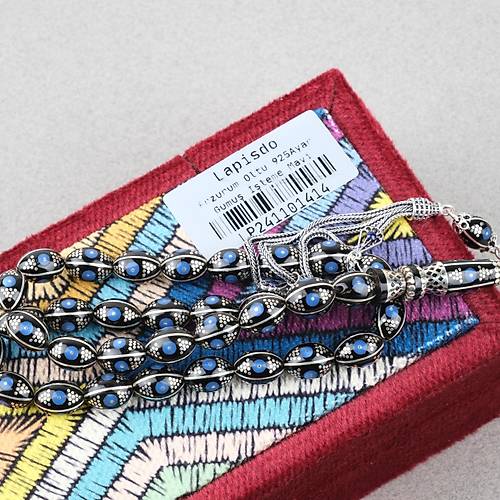 Erzurum Oltu 925Ayar Gm Katalin lemeli Nakka mame Beyzi Kesim 8x11mm Tesbih -Mavi