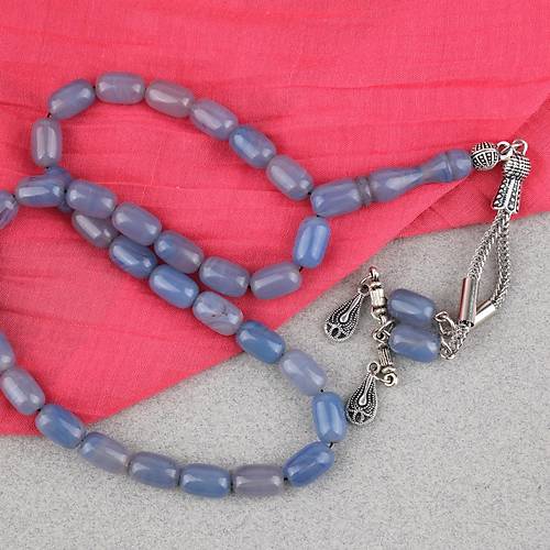 S�kma Kehribar Kaps�l Kesim Alpaka P�sk�ll� 7x11mm Tesbih G�k Mavisi