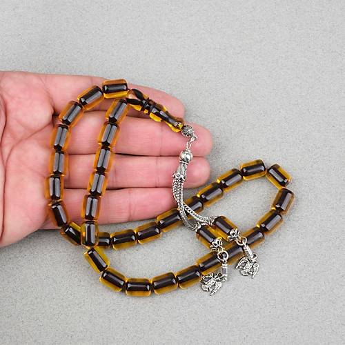 Ate� Kehribar Alpaka P�sk�ll� Kaps�l Kesim 9x12mm Tesbih - Siyah Sar�