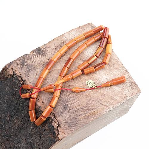 Kadim Katalin Eski Kalemlik Obje Usta ��i �mzal� Kaps�l Kesim 7x12mm Tesbih -Kahve Sar� Sedefli