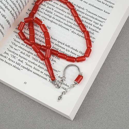 S�kma Kehribar Alpaka P�sk�ll� Kaps�l Kesim 7x11mm Tesbih - K�rm�z�