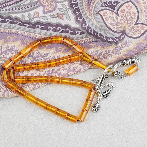 Ate� Kehribar Kesme Kesim Alpaka P�sk�ll� 6x10mm Tesbih