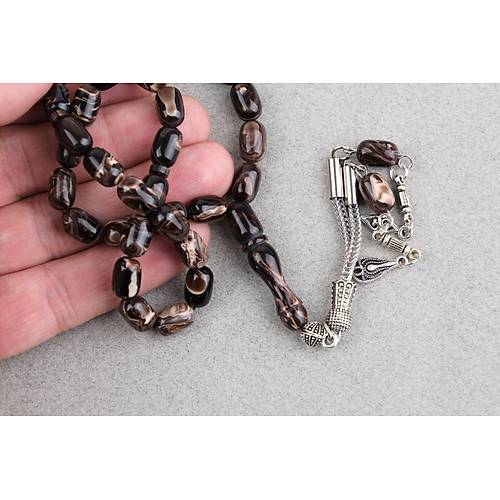 S�kma Kehribar Kaps�l Kesim Alpaka P�sk�ll� 7x11mm Tesbih Kahverengi