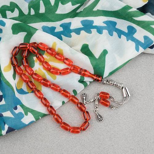 Ate� Kehribar Kaps�l Kesim Alpaka P�sk�ll� 7x11mm Tesbih �effaf K�rm�z�
