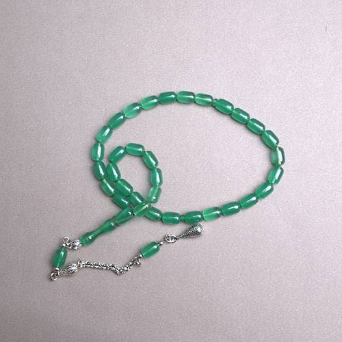 S�kma Kehribar Beyzi Kesim Alt�n Renk P�sk�ll� 7x11mm Tesbih Ye�il