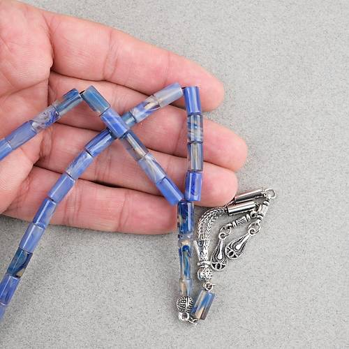 S�kma Kehribar Kesme Kesim Alpaka P�sk�ll� 6x10mm Tesbih Mavi