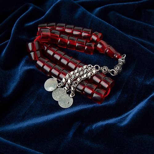 Osmanl Ate-i Kehribar 1900'ler Dnem i 925 Ayar Gm Galip Model mame F Kesim 14.5x10mm Tesbih