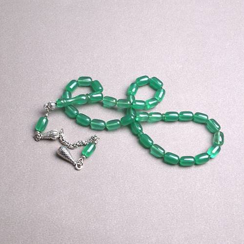 S�kma Kehribar Beyzi Kesim Alt�n Renk P�sk�ll� 7x11mm Tesbih Ye�il
