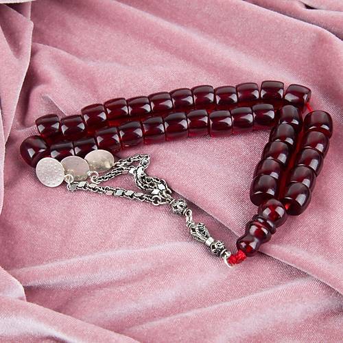 Osmanl Ate-i Kehribar 1900'ler Dnem i 925 Ayar Gm Galip Model mame F Kesim 14x10.5mm Tesbih