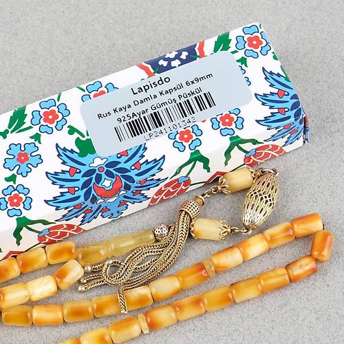 Rus Kaya Damla Kehribar 925Ayar G�m�� P�sk�l Kaps�l Kesim 6x9mm Tesbih