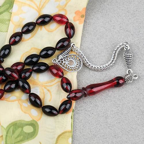 S�kma Kehribar Alpaka P�sk�ll� Beyzi Kesim 7x11mm Tesbih- Siyah K�rm�z�