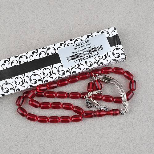 S�kma Kehribar Kaps�l Kesim Alpaka P�sk�ll� 7x11mm Tesbih K�rm�z�