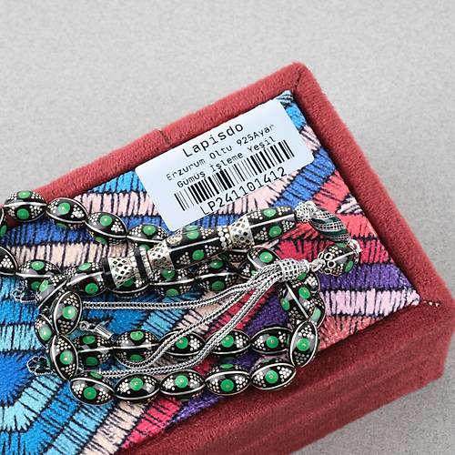 Erzurum Oltu 925Ayar Gm Katalin lemeli Nakka mame Beyzi Kesim 8x11mm Tesbih - Yeil