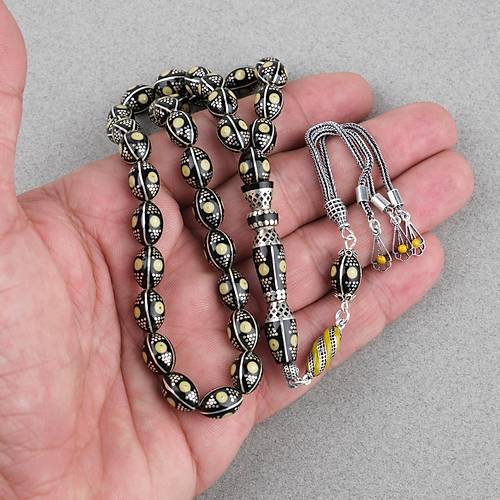 Erzurum Oltu 925Ayar Gm Katalin lemeli Nakka mame Beyzi Kesim 8x11mm Tesbih -Bej
