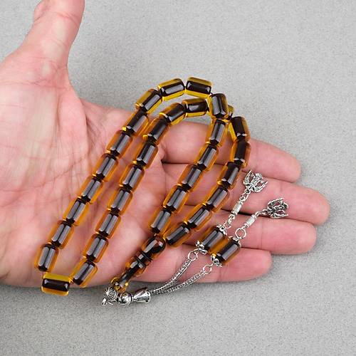 Ate� Kehribar Alpaka P�sk�ll� Kaps�l Kesim 9x12mm Tesbih - Siyah Sar�