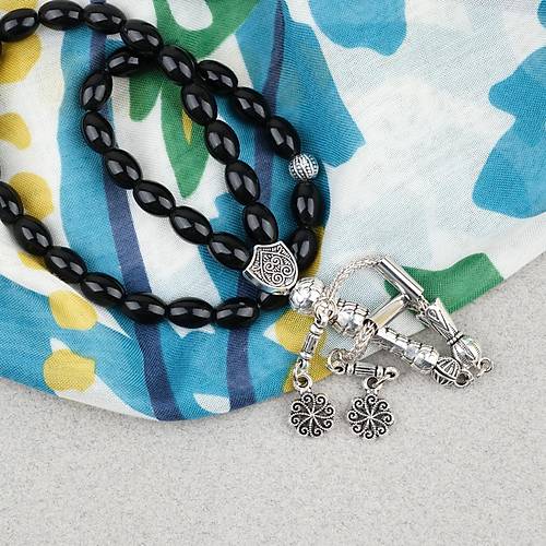 Oniks Ta�� Beyzi Kesim 6.5x9mm Tesbih Alpaka P�sk�ll� Parlak Siyah