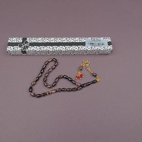 S�kma Kehribar Kaps�l Kesim Alt�n Renk P�sk�ll� 7x11mm Tesbih Kahverengi