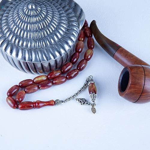 Sedefli S�kma Kehribar Alpaka P�sk�l Arpa Kesim 8x15.5mm Tesbih - A��k Ye�il - K�rm�z� - �brahim Ye�ilnacar Usta ��i