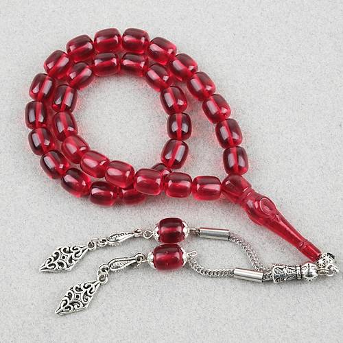 Ate� Kehribar Ayy�ld�z ��lemeli �mame Kaps�l Kesim 9x11mm Tesbih - K�rm�z�
