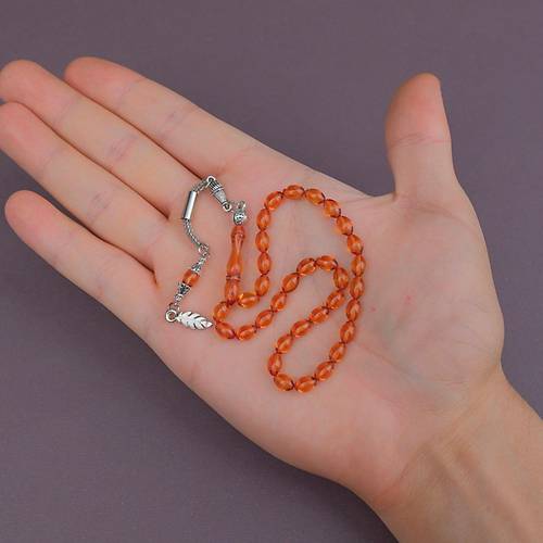 Ate� Kehribar Beyzi Kesim Bilek Boy 5x8mm Tesbih Alpaka P�sk�ll� Sar�