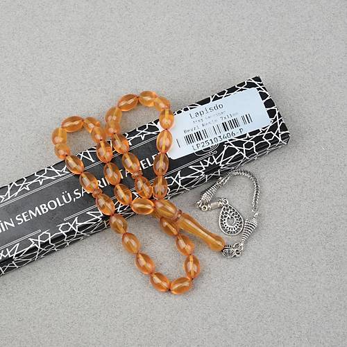 S�kma Kehribar Alpaka P�sk�ll� Beyzi Kesim 7x11mm Tesbih- �effaf Koyu Sar�