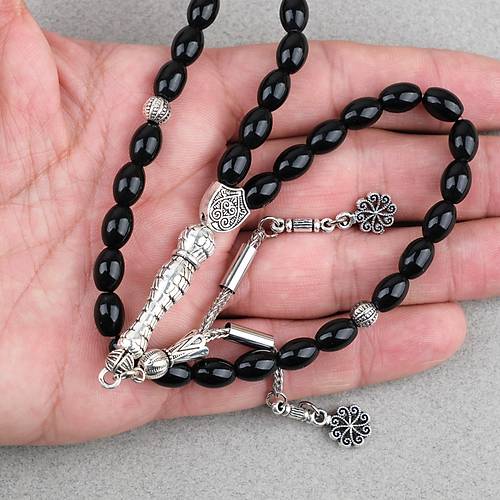 Oniks Ta�� Beyzi Kesim 6.5x9mm Tesbih Alpaka P�sk�ll� Parlak Siyah