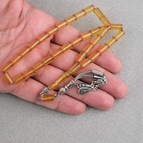 S�kma Kehribar Kesme Kesim Alpaka P�sk�ll� 6x10mm Tesbih