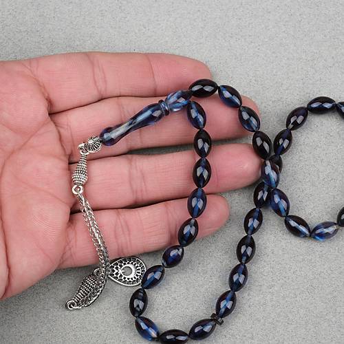 S�kma Kehribar Alpaka P�sk�ll� Beyzi Kesim 7x11mm Tesbih- Lacivert