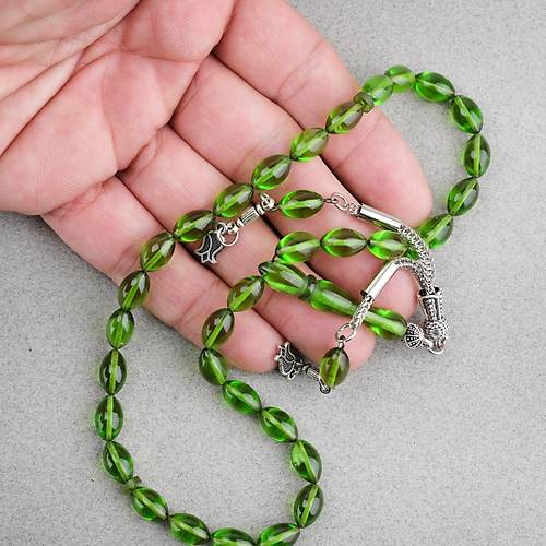 S�kma Kehribar Beyzi Kesim Alpaka P�sk�ll� 7x11mm Tesbih Ye�il