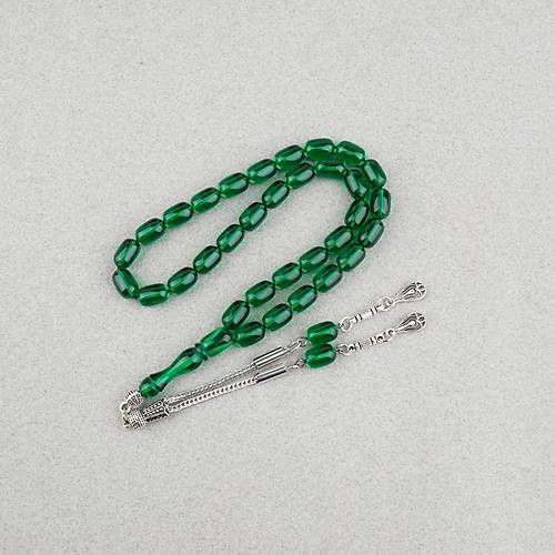 Ate� Kehribar Kaps�l Kesim Alpaka P�sk�ll� 7x11mm Tesbih Ye�il