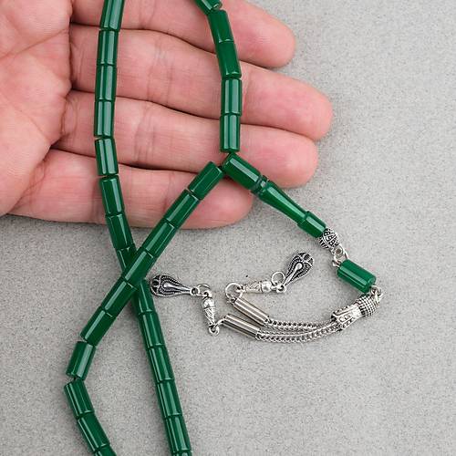 S�kma Kehribar Kesme Kesim Alpaka P�sk�ll� 6x10mm Tesbih- Ye�il