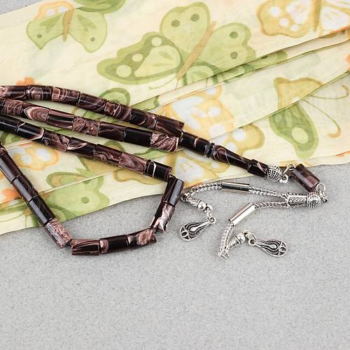 S�kma Kehribar Kesme Kesim Alpaka P�sk�ll� 6x10mm Tesbih