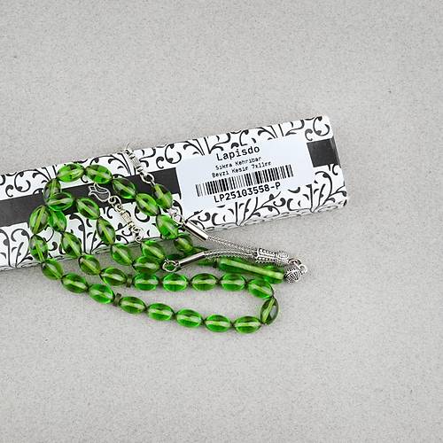 S�kma Kehribar Beyzi Kesim Alpaka P�sk�ll� 7x11mm Tesbih Ye�il