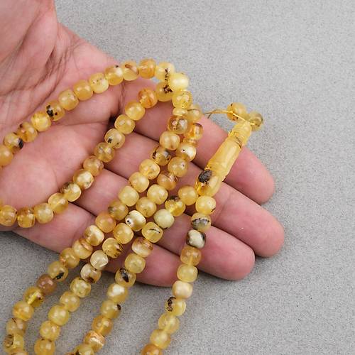 Damla Kehribar 99luk Tekerlek Kesim 7.5x6.5mm Namez Tesbihi