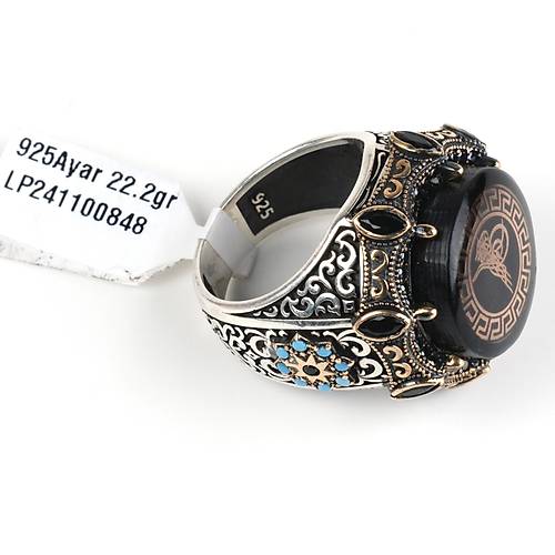 Kehribar Osmanl Tural Mikro Zirkon Turkuaz lemeli 925Ayar Gm Erkek Yzk