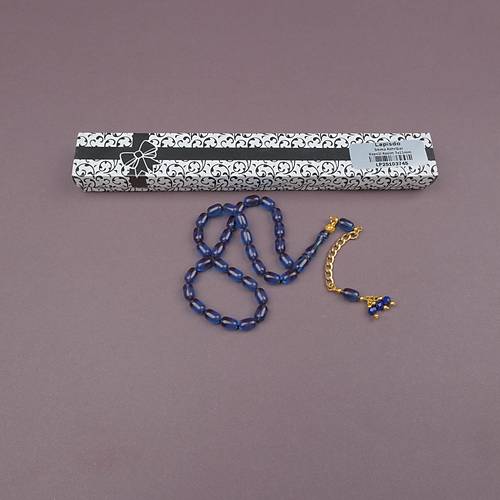 S�kma Kehribar Kaps�l Kesim Alt�n Renk P�sk�ll� 7x11mm Tesbih Mavi