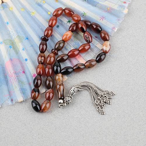 Akik Ta�� Habbe ve �mame Dahil Akik 925Ayar G�m�� P�sk�l F��� kesim 8x11.5mm Tesbih