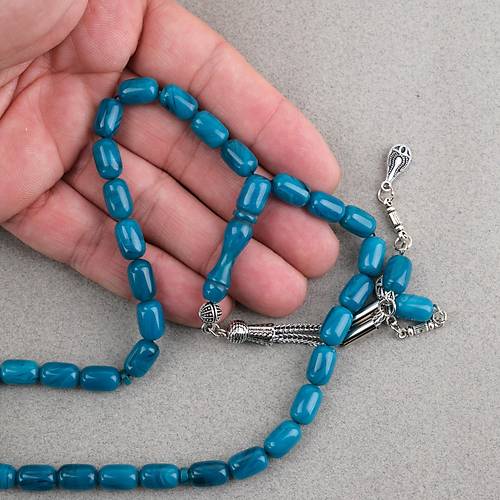 S�kma Kehribar Kaps�l Kesim Alpaka P�sk�ll� 7x11mm Tesbih Turkuaz Ye�ili