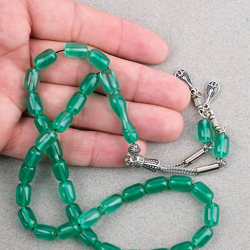 S�kma Kehribar Kaps�l Kesim Alpaka P�sk�ll� 7x11mm Tesbih Ye�il