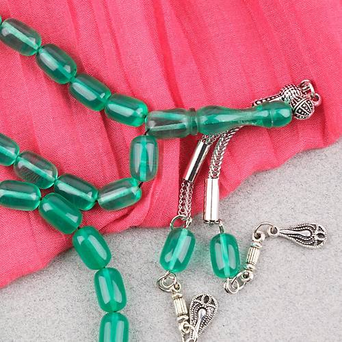 S�kma Kehribar Kaps�l Kesim Alpaka P�sk�ll� 7x11mm Tesbih Ye�il