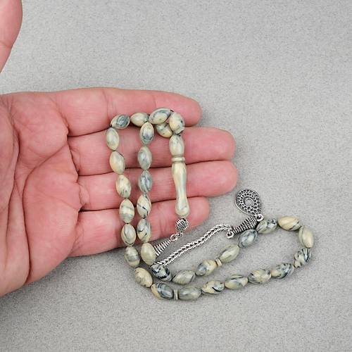 S�kma Kehribar Alpaka P�sk�ll� Beyzi Kesim 7x11mm Tesbih- Krem Ye�il