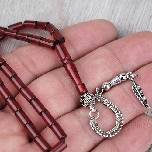 Ate� Kehribar Alpaka P�sk�ll� Kesme Kesim 4x7mm Tesbih- Bordo