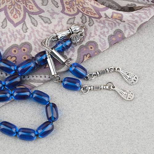 S�kma Kehribar Kaps�l Kesim Alpaka P�sk�ll� 7x11mm Tesbih Petrol Mavisi