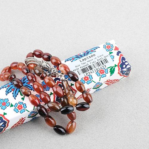 Akik Ta�� Habbe ve �mame Dahil Akik 925Ayar G�m�� P�sk�l F��� kesim 8x11.5mm Tesbih