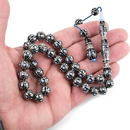 Erzurum Oltu 925Ayar Gm leme Nakka mame Kre Kesim 10mm Tesbih - Ak Mavi