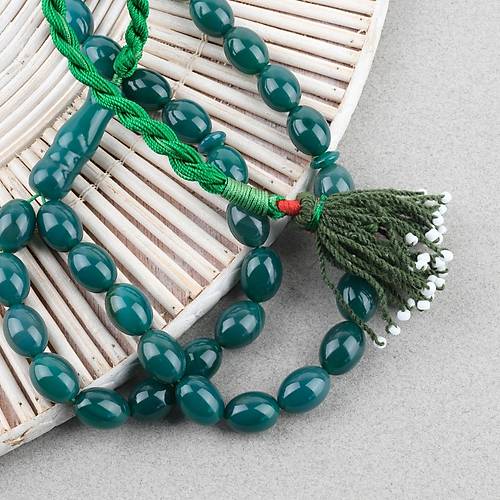 Akik Ta�� Habbe ve �mame Dahil Akik Yumurta kesim 10.5x14mm Tesbih - Ye�il
