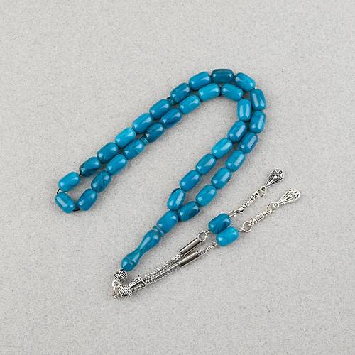 S�kma Kehribar Kaps�l Kesim Alpaka P�sk�ll� 7x11mm Tesbih Turkuaz Ye�ili