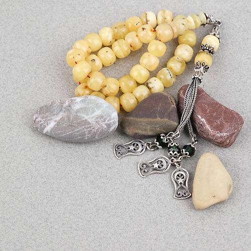 Rus Kaya Damla Kehribar 925ayar G�m�� P�sk�l Tekerlek Kesim 9x7mm Tesbih